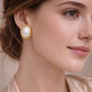 Luxury Vintage Style Oval Pearl Statement Earrings Gold Tone